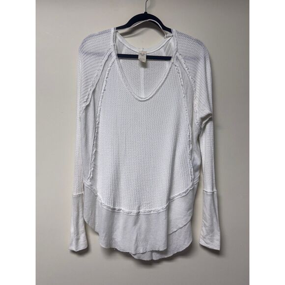 FREE PEOPLE We the Free Catalina V-Neck Thermal Waffle Knit L/S Tee, White, Sz S - Picture 2 of 11
